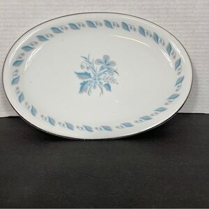 Abalone China Sky Flower Oval Serving Dish Blue Floral Silver Trim Japan Platter
